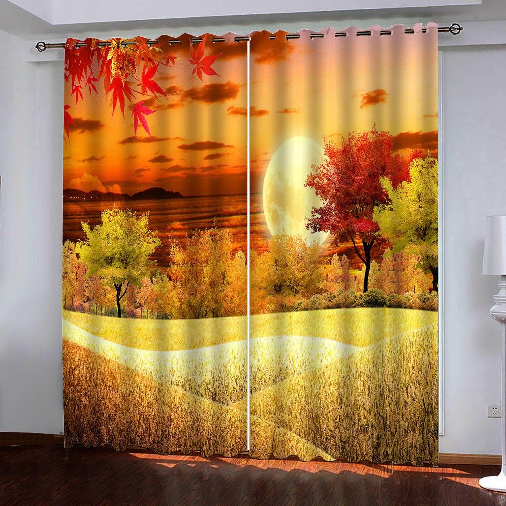 Ready-made Natural Senery Forest Sunset Thin Window Curtains For Kids Bedroom Living Room Bathroom Kicthen Door Hall Home2Pieces