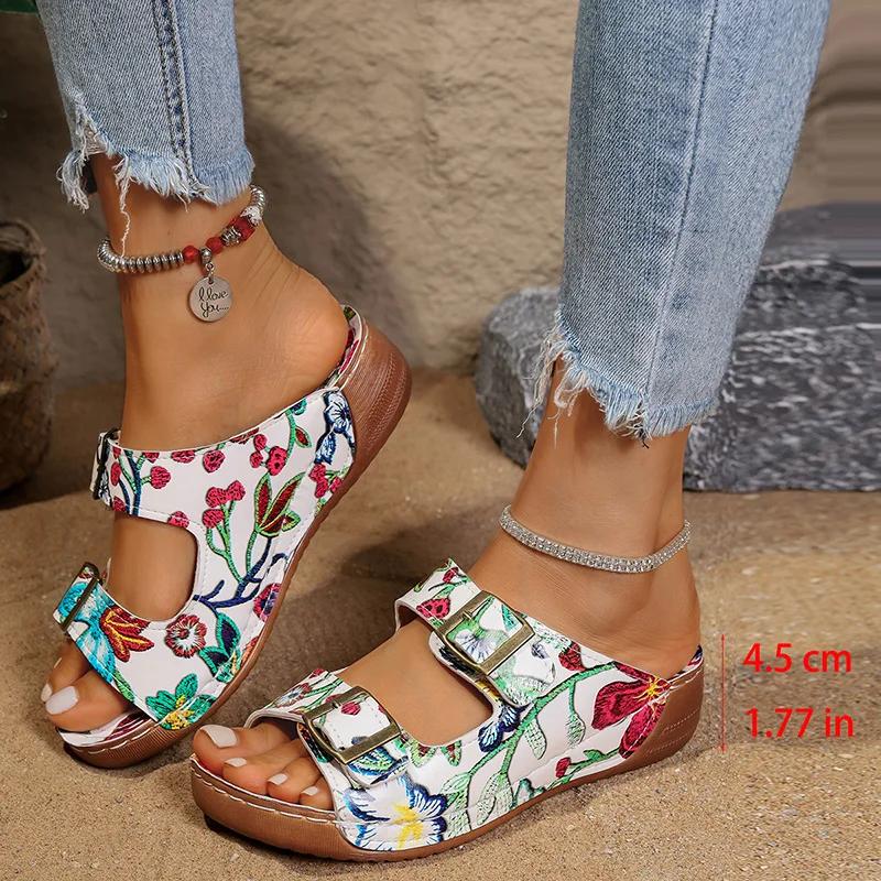 Fashion Fashion Printed Wedge Heels Sandals Women Summer 2025 Double Buckle Platform Slippers Woman Lightweight Non Slip Beach Sandles