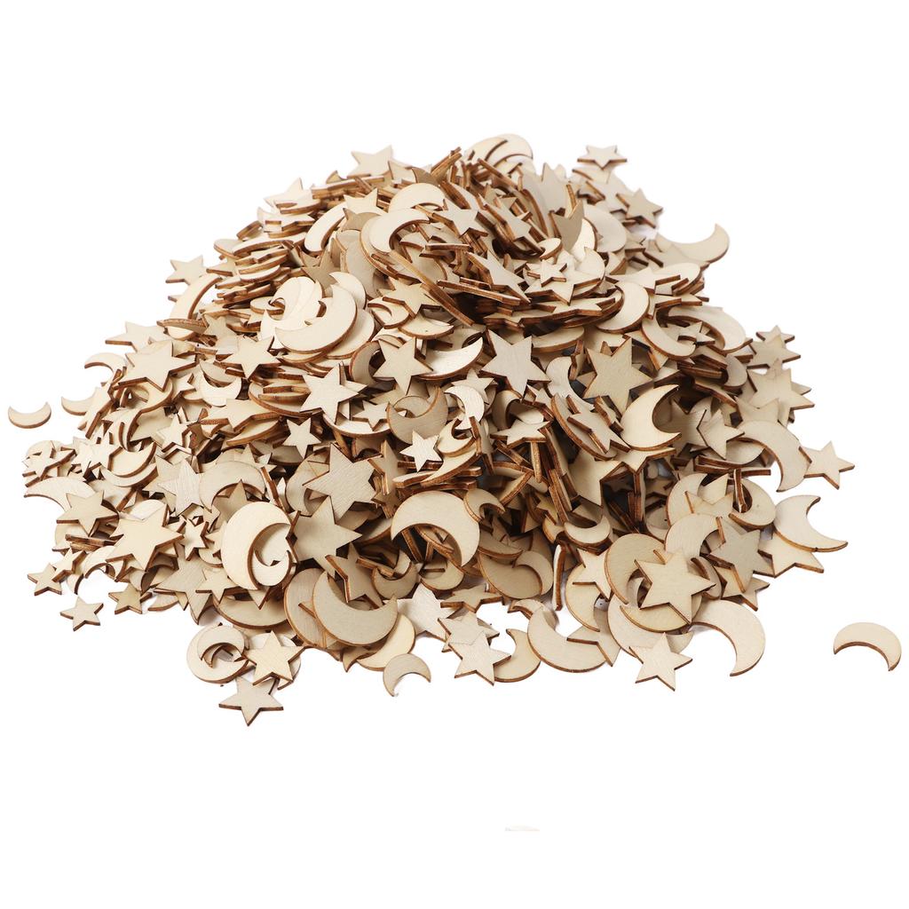 1000Pcs Wood Moon Star Cutout Slices Unfinished Star and Moon Shape Wood Cutouts for DIY Craft