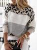 Women's Colorblock Leopard Print Round Neck Sweater - Long-Sleeved Casual Knit Pullover for Autumn/Winter.
