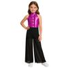 Meisjes Mock Neck Mouwloze Jumpsuit Metallic Bodice Ruches Wijde Pijp Rits aan de Achterkant Jazzdans Kostuum