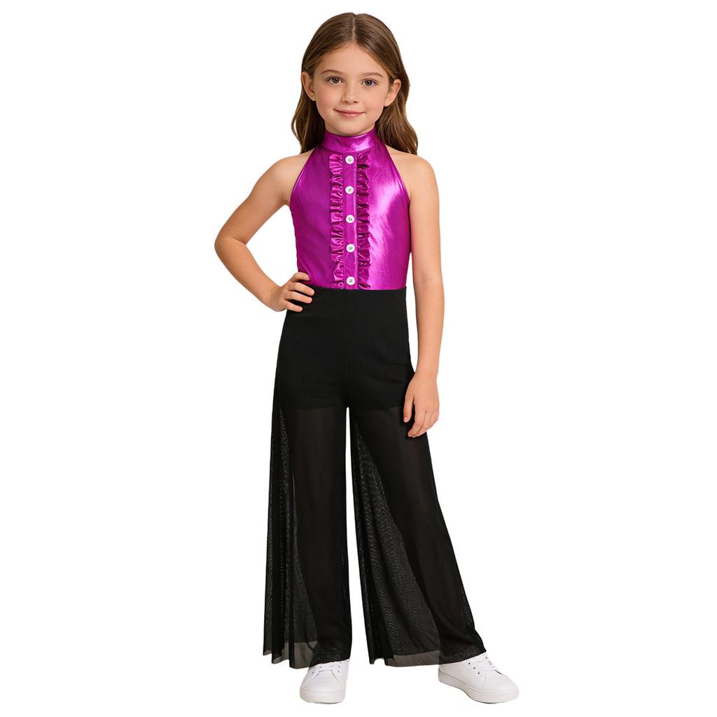Meisjes Mock Neck Mouwloze Jumpsuit Metallic Bodice Ruches Wijde Pijp Rits aan de Achterkant Jazzdans Kostuum