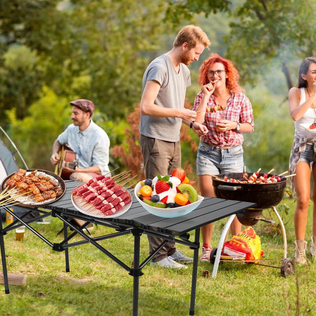 Folding Camping Table Black Spacious Storage Basket 47.24in Carbon Steel Portable Roll Up Outdoor Table for Backyard BBQ Party