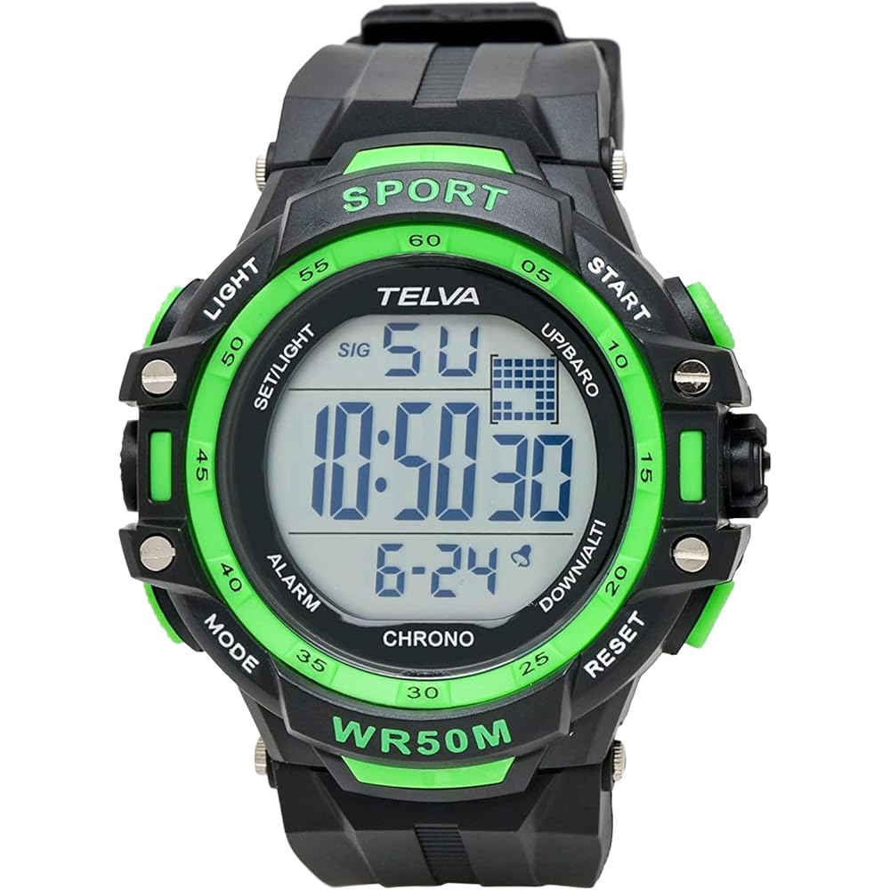 Crepha TELVA Digital Multifunction Sports Watch 5 ATM Water Resistant Stopwatch Large Screen Green Men s Rubber Strap