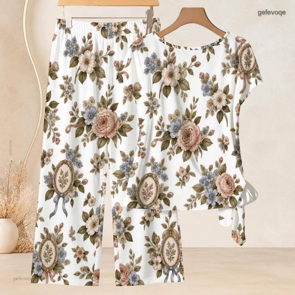 Women Plus Size Round Neck Short Sleeve Floral Printed Knot Hem Top Long Pants Two Piece Set