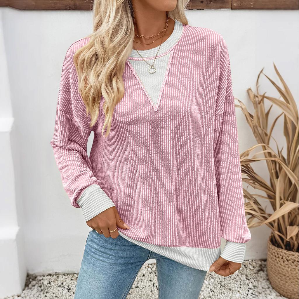 Women's Casual Loose Colorblock Round Neck Long Sleeve Twisted Stripe Sweatshirt