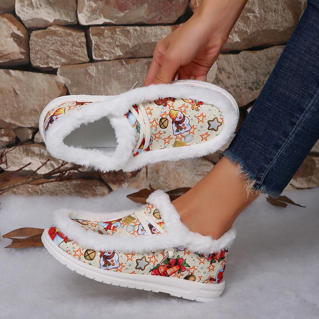 Plus Size Women's Shoes 2025 Autumn/winter New Casual Shoes Women's Christmas Print Fleece Warm Cotton Shoes