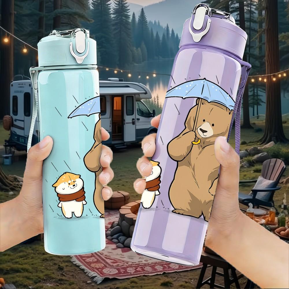 1PC Bear Holding Hot Drink Cartoon Print 750ml Color Plastic Sports Water Bottle Leakproof Flip Straw Lid Suitable for Sports Office Home Use