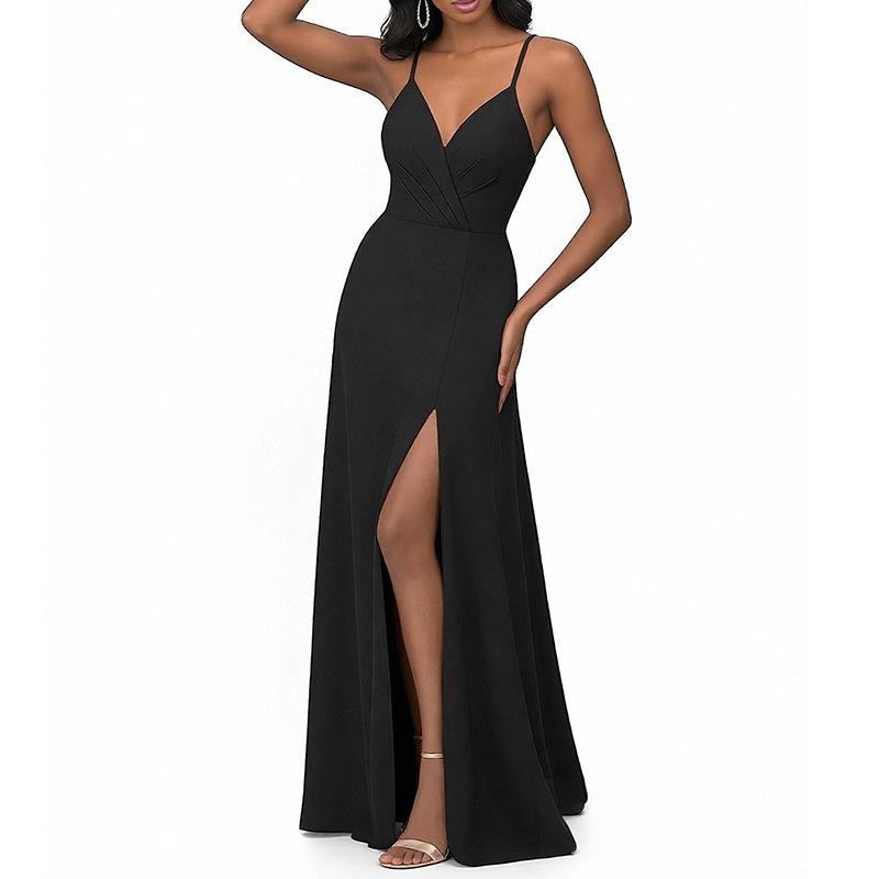 Spring new, elegant and sexy solid color v-neck backless lace-up dress S чёрный
