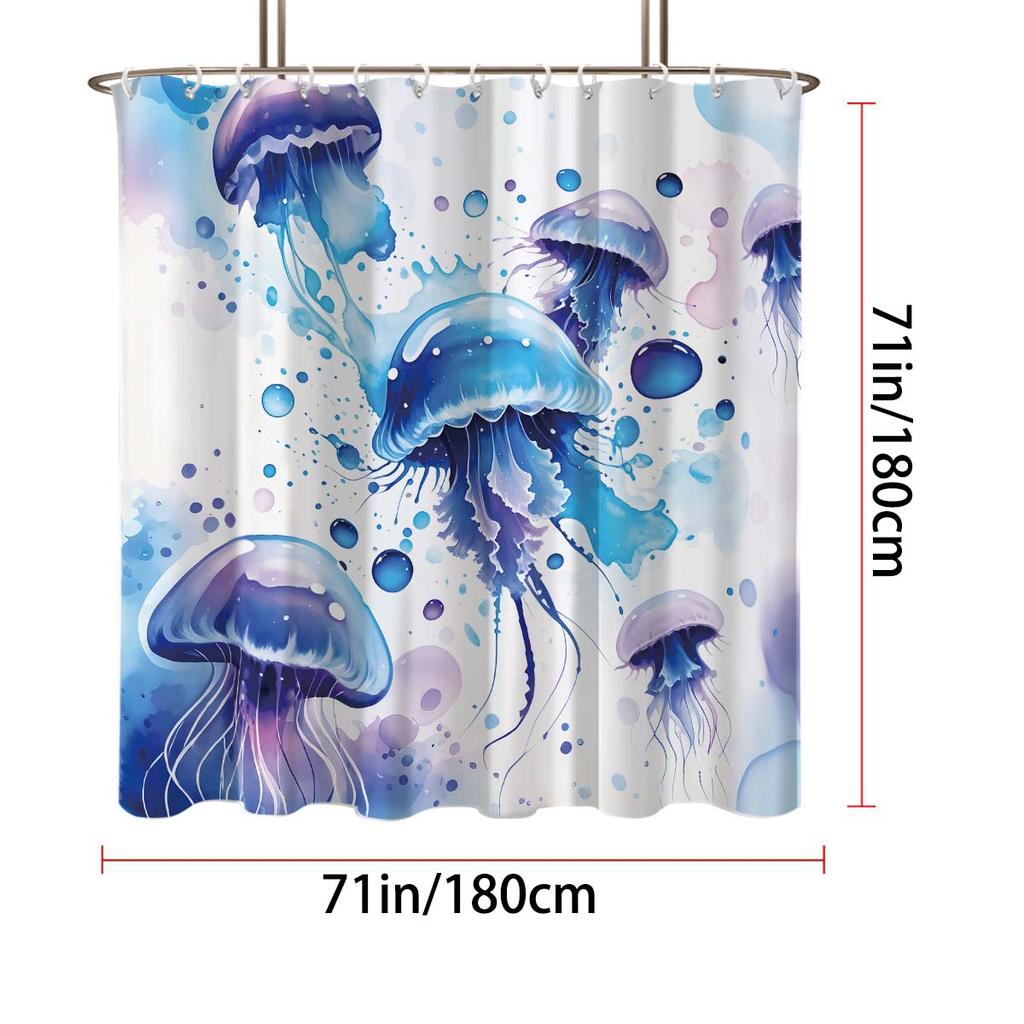 1PC Watercolor jellyfish pattern printed shower curtain, waterproof, with 12 hooks, bathroom showers, bathtub, home use