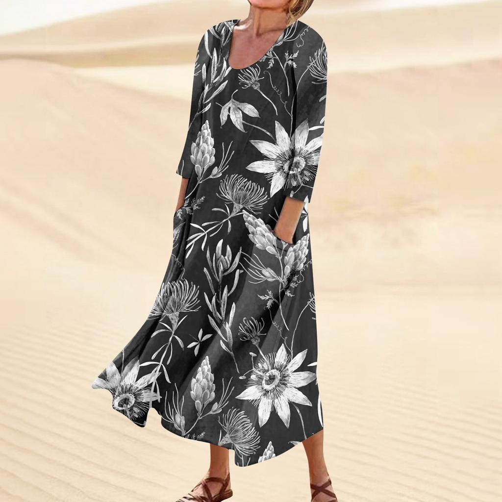 Kleid für Damen, Frühling, Boho, lässig, modisch, 3/4-Ärmel, Kleid für den Urlaub, große Größe