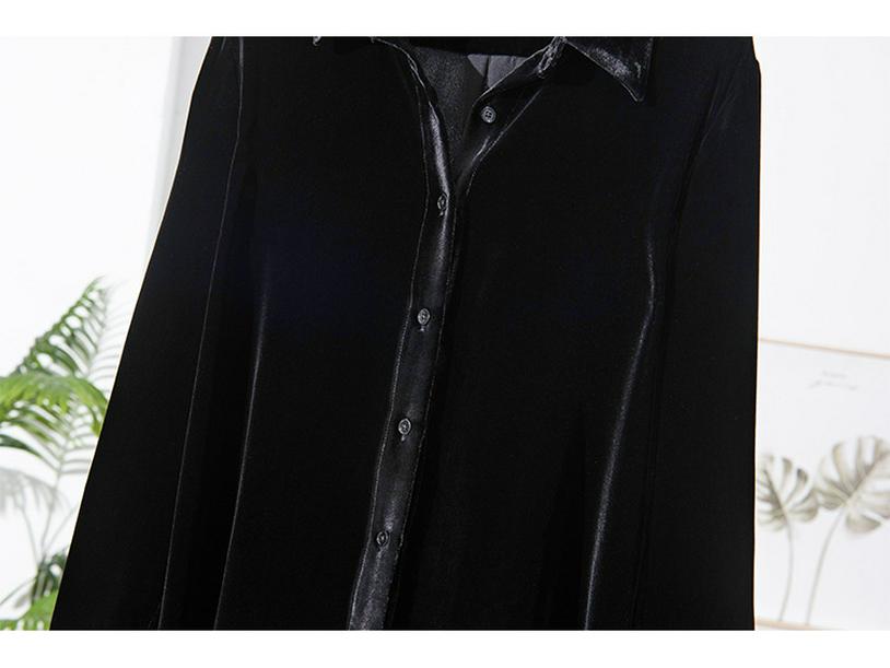 Women's Retro Black Silk Velvet Shirt - Mid-length, Loose-Fit, Perfect for Spring Commutes.