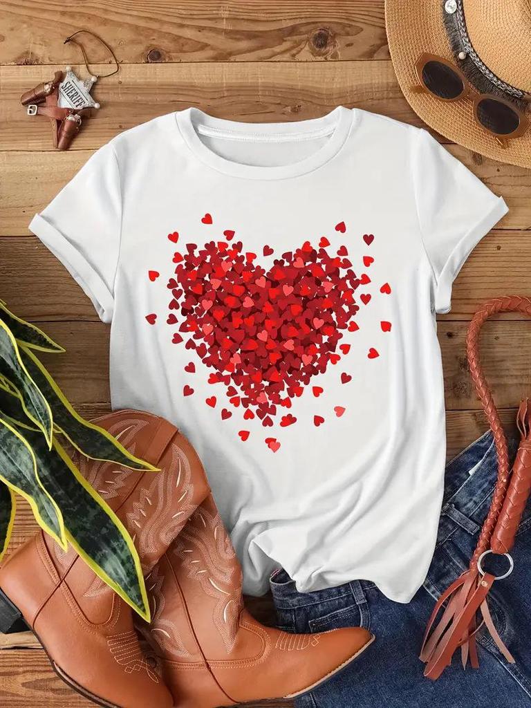 TEMU Valentine's Heart Women's Short Sleeve Crew Neck Top