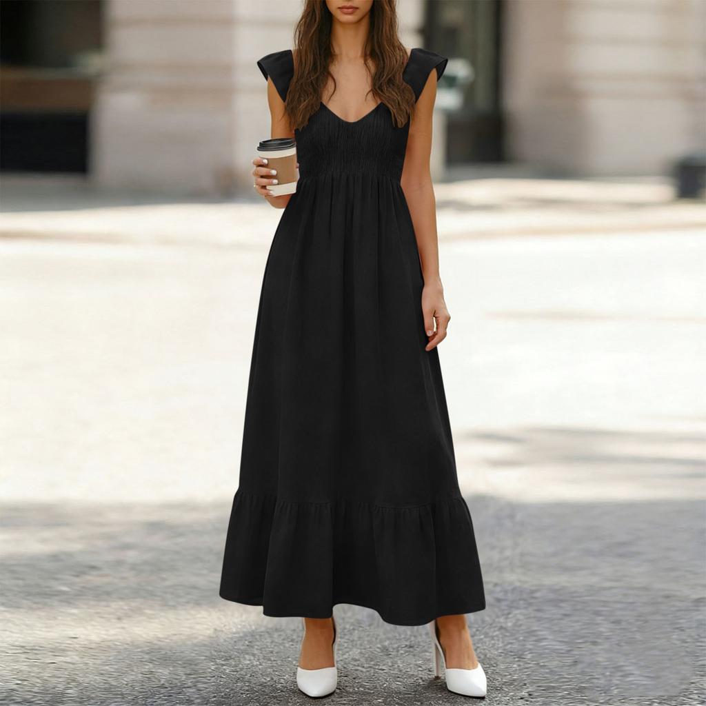 Women's Fashionable V-neck Casual Loose High Waisted Color Ruffle Sleeveless Pleated Long Dresses
