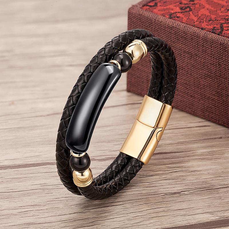Minimalist Crystal Stone Bracelet Braided Leather Cord Stainless Steel Chain Waterproof Jewelry for Men Women Daily Use
