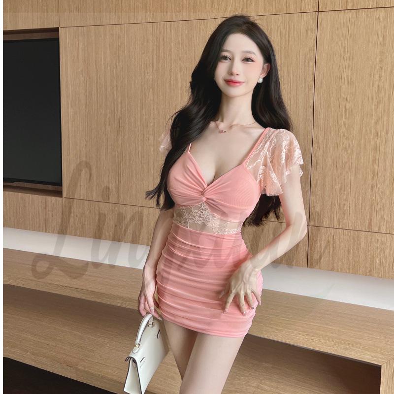 V-Neck Lace Patchwork Backless Bodycon Dress Extra Large розовый