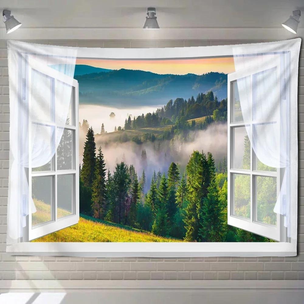Home decoration natural ecological beach scenery imitation window paper art tapestry background wall room beautiful living room