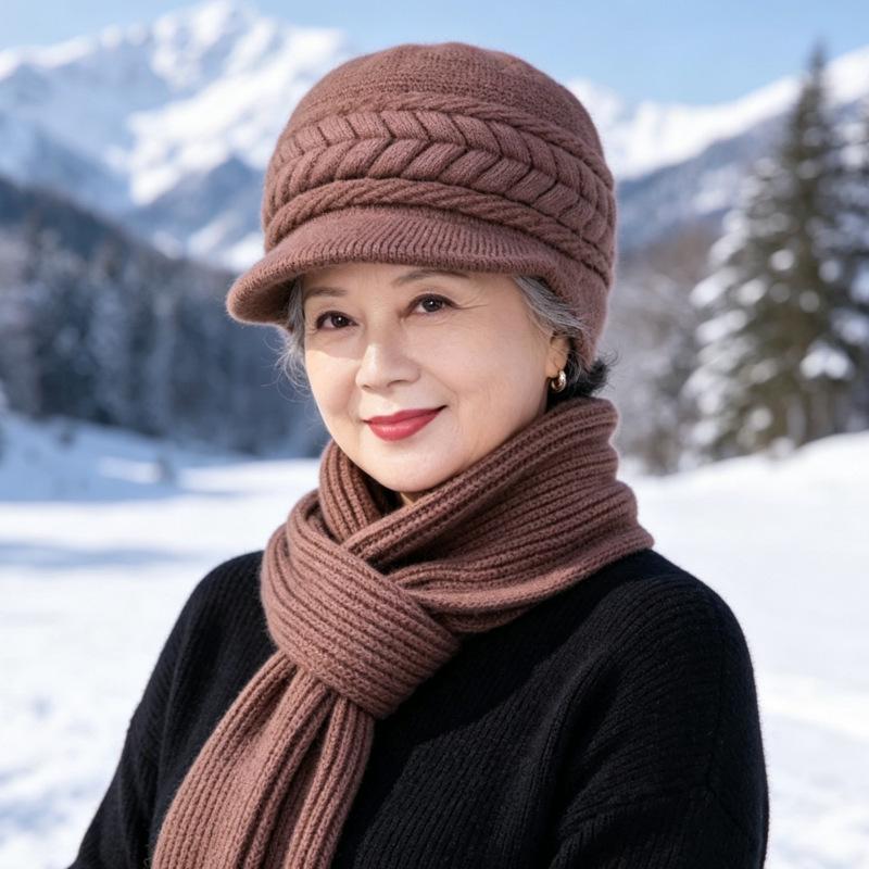 Middle-aged and elderly hats, women's autumn and winter fashion mother hats, fleece thickened ear protectors, cold-proof and warm knitted wool hats
