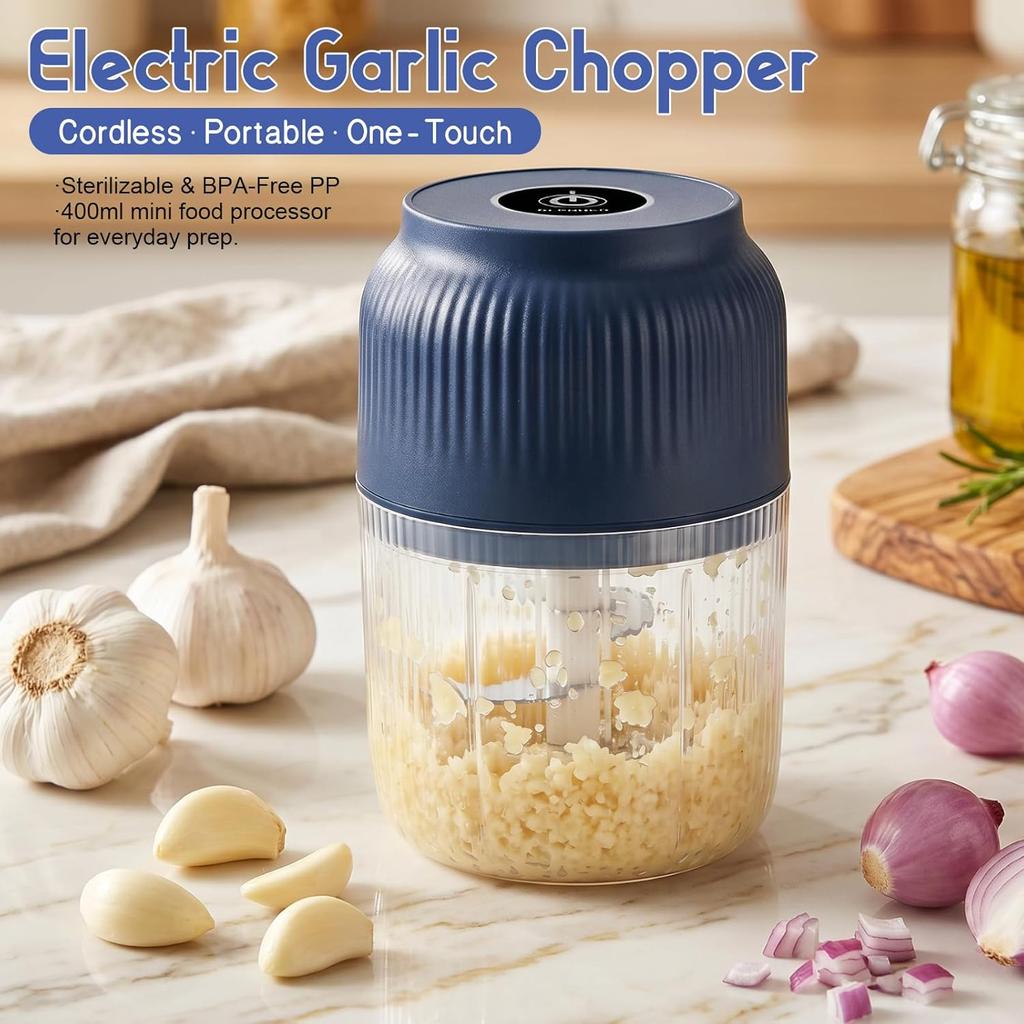 Electric Garlic Chopper: 400ML Portable Cordless Mini Food Processor with 6 Stainless Steel Blades - Vegetable Chopper for Kitchen Onion Salad Prep