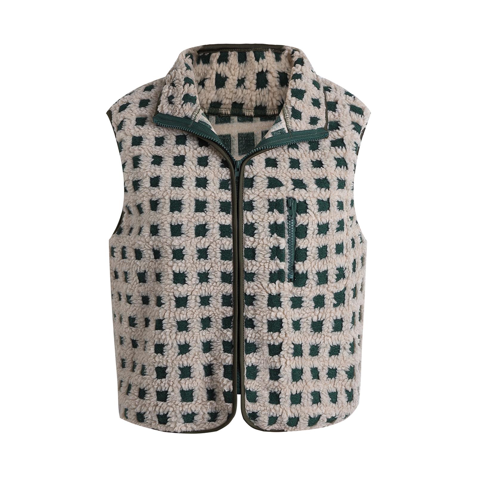 

Women Fuzzy Checkered Vest Sleeveless Stand Collar Zip Up Vest Jacket Loose Spring Fall Warm Outwear S зелений