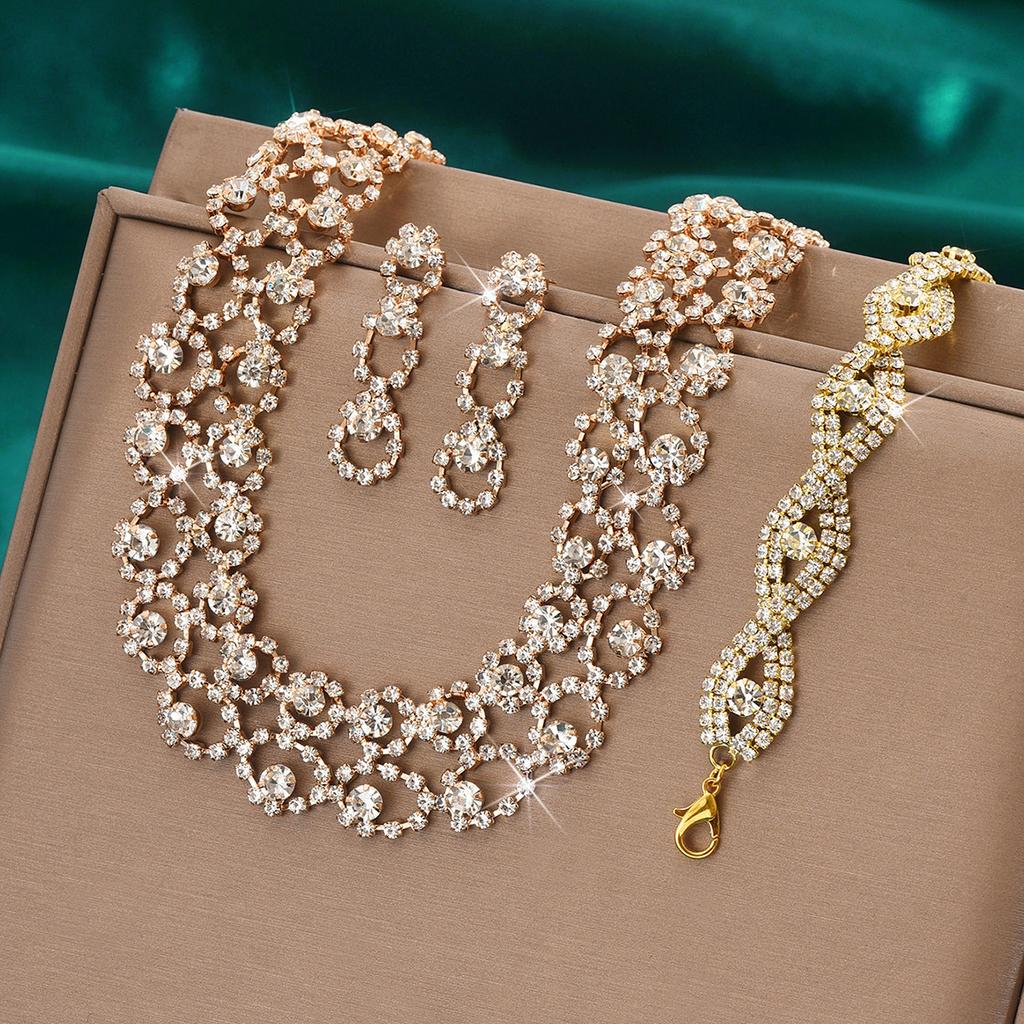 3pcs Women Jewelry Set Rhinestone Earrings Necklace Vracelet Wedding Party Accessories