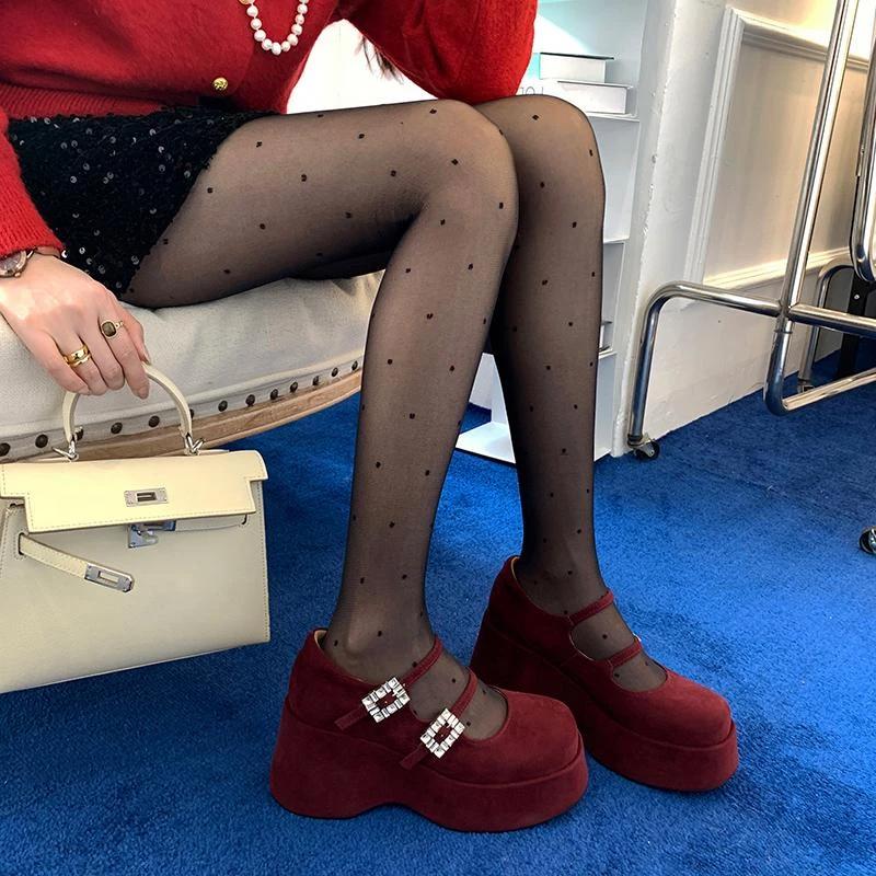 Fashion 2025 Spring Sheep Suede Platform Jane Shoes Round Toe Crystal Belt Buckle Wedges Pumps Flat Platform Shoes