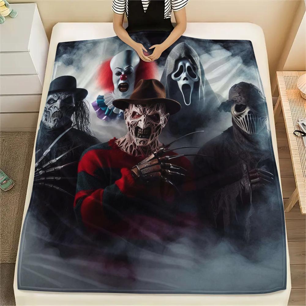 1Pc Horror Killer Print Flannel Blanket, High quality Comfortable for All Seasons, Home Decor, Warmth and Comfort, Perfect for Christmas Gifts