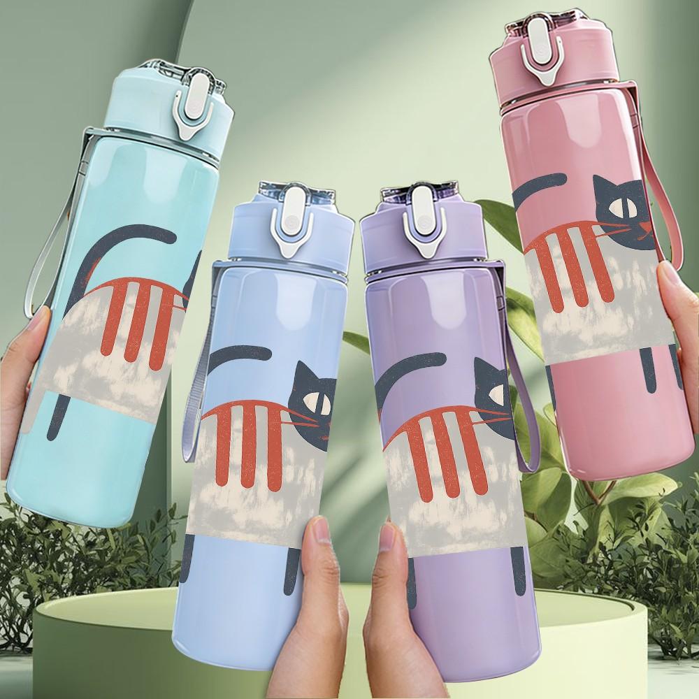 1PC Striped Fat Cat Cartoon Pattern 750ml Color Plastic Sports Water Bottle Leakproof Flip Straw Lid Suitable for Sports Office Home Use