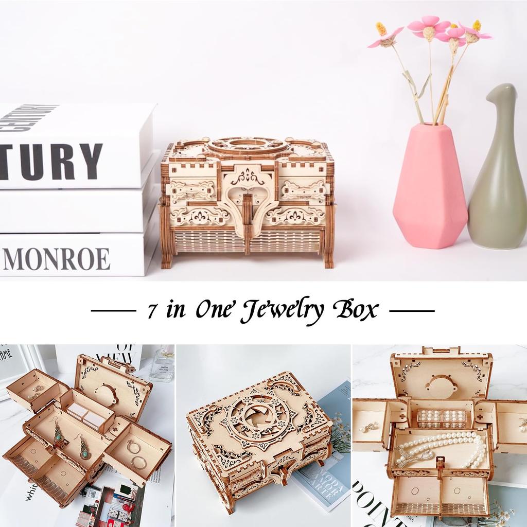 Hallisun 3D Wooden Puzzle, 7-in-1 Storage Box, Music Box, 142 Pieces, DIY Mechanical Wooden Model Kit, Jewelry Keepsake Storage Box, Adults 14+,
