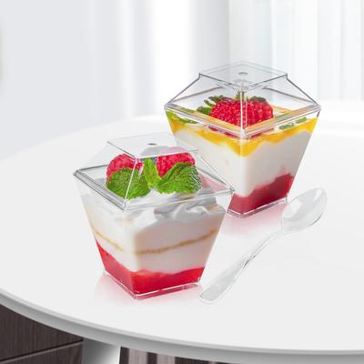 50/100er Pack 60ml Plastik Dessertbecher mit/ohne Deckel und Löffel Klare Joghurt-Parfait-Becher Quadratische Vorspeisenbecher 2OZ Servierbecher