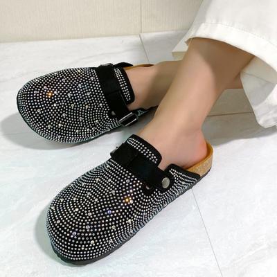 Fashion Shiny Rhinestones Outdoor Slippers Women's Shoes 2024 Summer Trend Luxury Platform Sandals Black Buckle Cork Clog Luxury Mules
