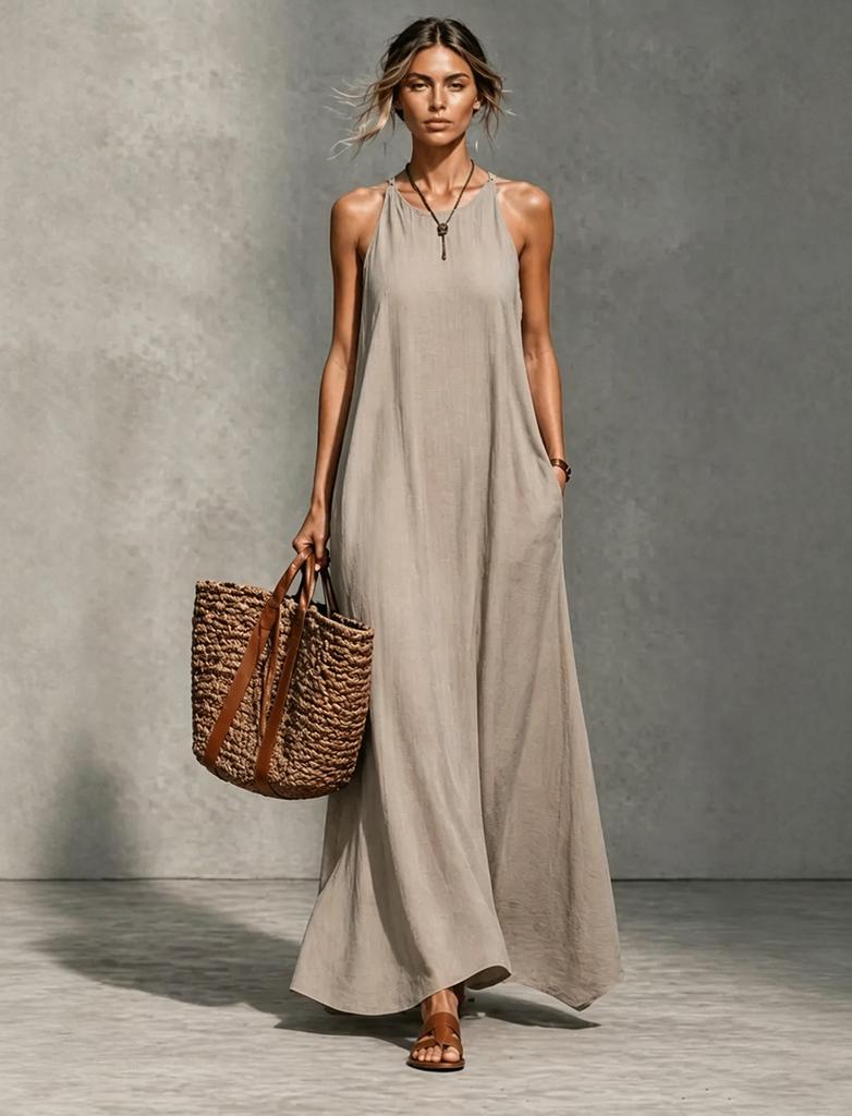 Women's Solid Scoop Neck Spaghetti Strap Loose Fit Maxi Dress Casual Vacation Sleeveless Long Dress