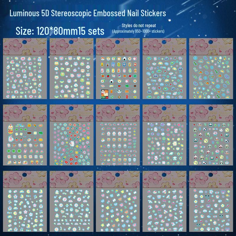 Glow-in-the-Dark 5D Embossed Nail Stickers for Girls - Waterproof, 3D Princess Design
