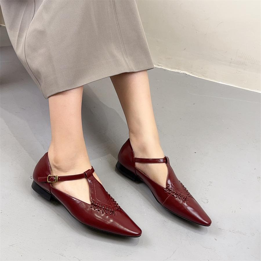 Johnature Genuine Leather Buckle Strap Women's Shoes French Style Versatile Temperament Pointed Flat Shoes