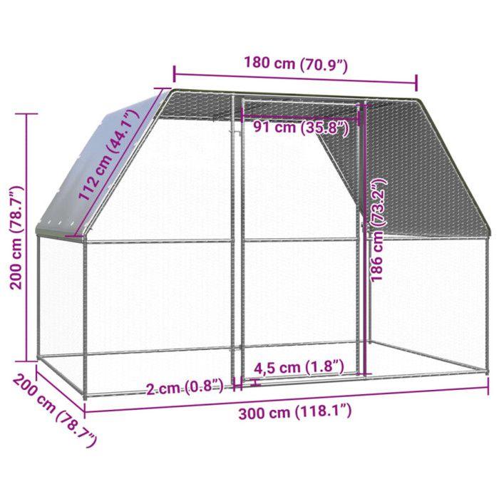 VidaXL Poulaillerr, Cage à Poulet avec Porte Verrouillable, Enclos pour Poules avec Toit Extérieur, Argenté et Gris 3x2x2 m 155889