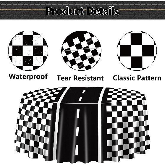 Racing Car Tablecloths for Round Table, Plastic Black Racetrack Tablecover for Kid's Birthday Racing Car Theme Party Fast One Two Fast Party, 84 x