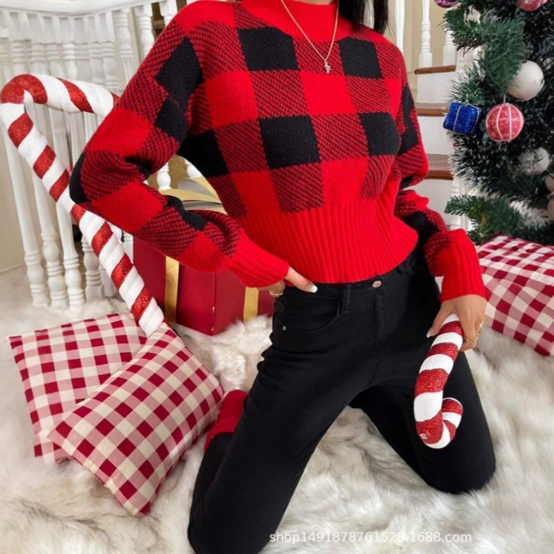 Women S Red Black Plaid Knit Pullover Slim Fit Long Sleeve Sweater
