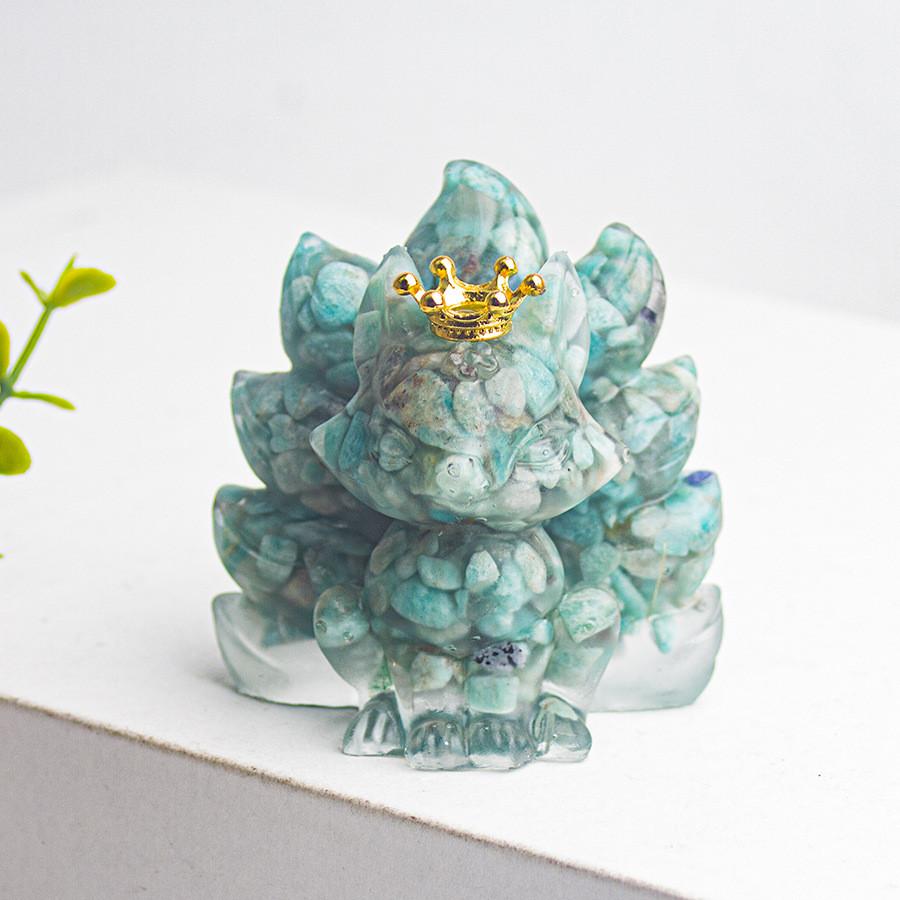Water Crystal Decorative Figurine With Crown Nine Tails Fox For Modern Desk Display
