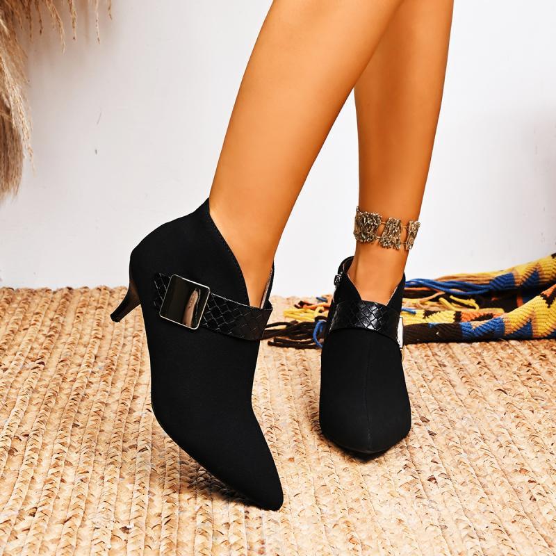 Fashion Fashion Metal Belt Buckle Decoration Ankle Boots Women 2025 Autumn Sexy Pointed Toe High Heel Boots Suede Side Zip Booties
