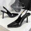 Fashion Patent Leather Pattern Thin High Heels Women Sexy Pointed Toe Metal Buckles Slingback Heeled Sandals Elegant Banquet Dress Shoes