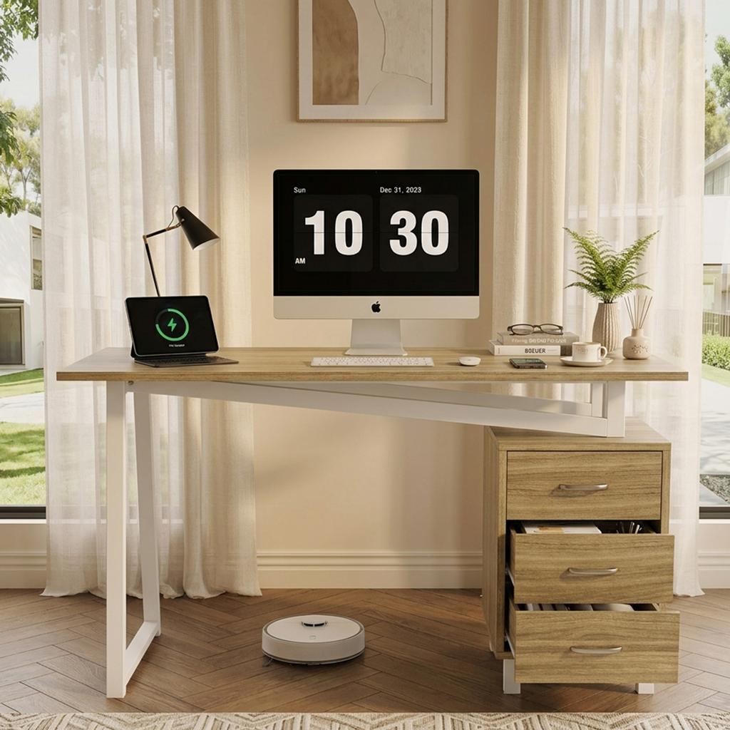 130*55*75cm, Prostorný psací stůl s úložným prostorem, Materiál MDF s vysokou hustotou, Výsuvy zásuvek, Trojúhelníkové podpěry, Snadná montáž a čištění, Přírodní dřevo + Bílá