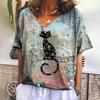 Summer V-neck 3D Cat Printed Top Fashionable Casual Short Sleeved Women's T-shirts
