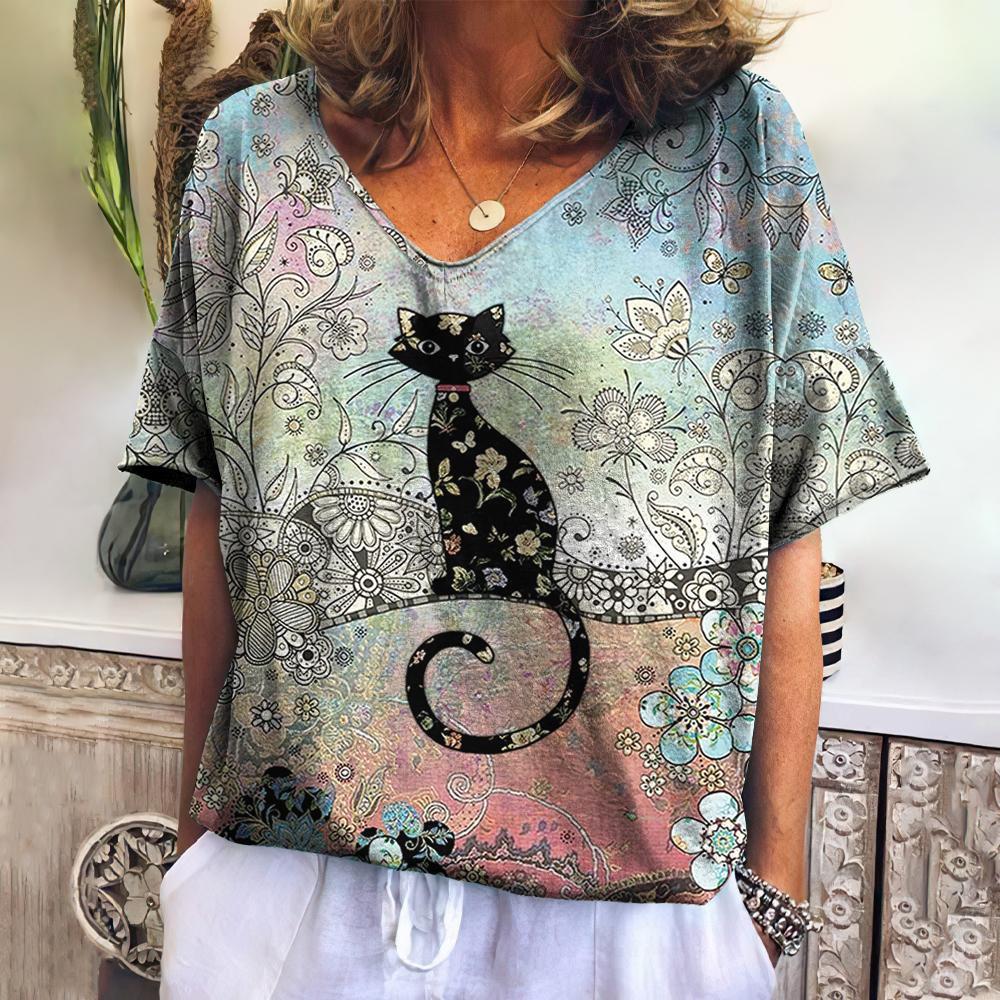 Summer V-neck 3D Cat Printed Top Fashionable Casual Short Sleeved Women's T-shirts