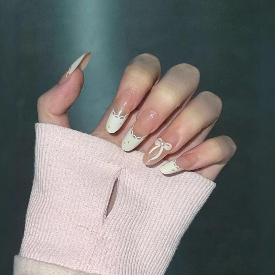 

Накладные ногти ручной работы «Французский крем» с кружевом в виде бантика - Нежные, Отбеливающие, Съемные и Милые XS with Tools - Petite Hand Wearable