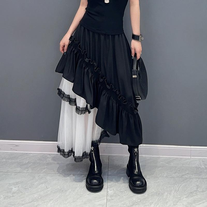 European Station Spring and Autumn New French Retro Design Sense Irregular Mesh Splicing Fluffy Half-length Dress Women