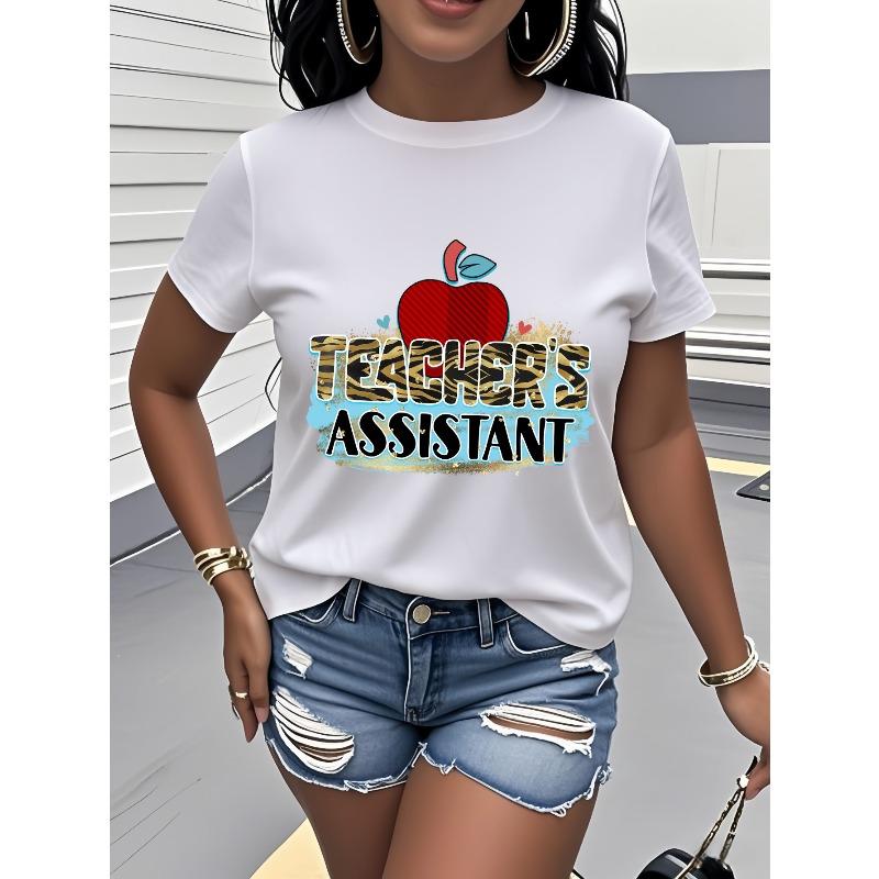 European sizes Women's Teacher Assistant Tee - Compatible for Teacher Titles (TA, IA), Casual Round Neck Short Sleeve Shirt