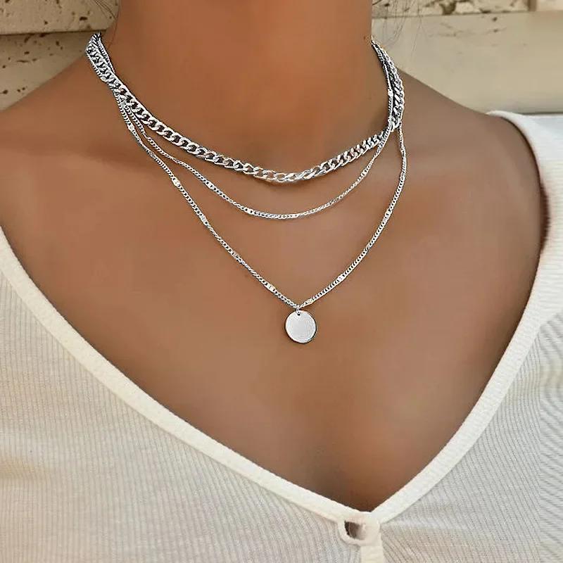 925 Silver Three-Layer Stacking Necklace Women Simple Strip Pendant Waterproof Hypoallergenic Collarbone Chain Jewelry