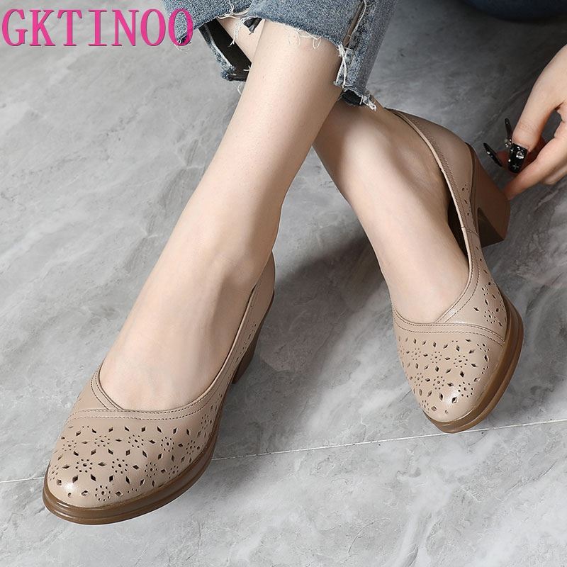 Fashion GKTINOO 2025 Summer Fashion Ladies Shoes Hollow Women Soft High Heels Tenis Feminino Comfort Genuine Leather Sandals Plus Size