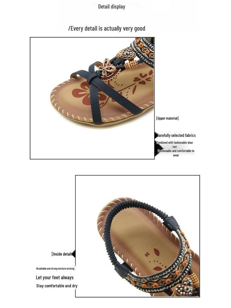 Bohemian Plus Size Rhinestone Flower Sandals - Spring 2025 Beach Open Toe