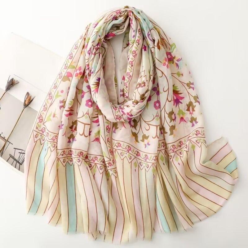 1 Spring And Summer New Bali Yarn Color Printed Scarf Literary Versatile Thin Ethnic Style Shawl Scarf
